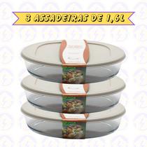 3uni Travessa Sobremesa 1,6L Vidro Fricassê Frezeer Forno Tampa