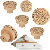 3X 6 Puxadores De Gaveta Rattan Ecológico Madeira Vintage 3X 6 Puxadores De Gaveta Rattan Ecológico Madeira Vintage