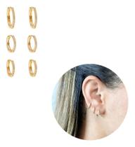 3X Brincos Trio Argola Cravejado Ouro 18K Dourado Zircônia