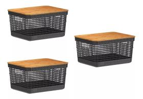 3x Caixa Organizadora Cesto Tampa De Bambu 8 Litros Grid Ou