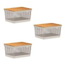 3x Caixa Organizadora Cesto Tampa De Bambu 8 Litros Grid Ou