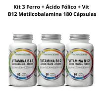 3x Ferro + Ácido Fólico + Vitamina B12 Metilcobalamina 100% Puro 180 Cápsulas Flora Nativa