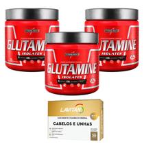 3x Glutamine Isolates Glutamina em Pó - 300g - Integralmédica + Cabelos e Unhas - 30 Cáps