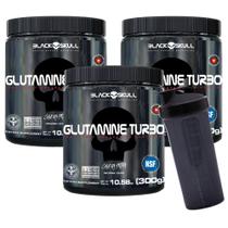 3x Glutamine Turbo Caveira Preta - Glutamina - 300G - Black Skull + Coqueteleira