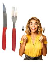 3X Jogo Garfo Faca Inox Cabo Plástico 24 Peças Preto/Vermelh