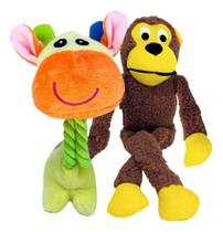 3X Kit 2 Pelúcias P/Cachorro,Macaco E Girafa C/Apito Savana