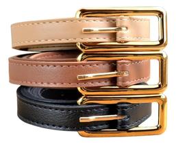 3X Kit 3 Cintos Feminino Fino Com Fivela Retangular Dourada