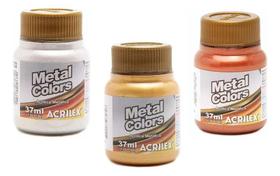 3X Kit 3 Tinta Metal Colors Cobre Prata Ouro Gold Acrilex 37