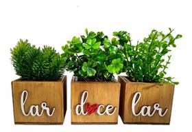 3X Vasos Decorativos Com Planta Artificial Frase Decoração