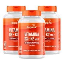 3x Vitamina D3 2000ui + K2 Mk7 Óleo de Oliva Bigens 60 Capsulas