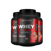 3x WHEY PROTEIN DE MORANGO 900G HF SUPLEMENTS PROTEINA + SCOOP