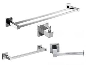 4 Acessórios Kit Cabide Papeleira Toalheiro Duplo Metal Inox 4 Acessórios Kit Cabide Papeleira Toalheiro Duplo Metal Inox