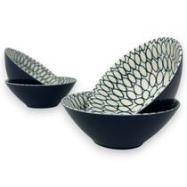 4 Bowl Tigela Cumbuca Cerâmica Azul Marinho Geométrico Média