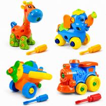 4 Brinquedos Pedagógicos Girafa Elefante Trem Avião de Montar Chave e Parafusos 4 Brinquedos Pedagógicos Girafa Elefante Trem Avião de Montar Chave e Parafusos