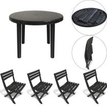 4 Cadeira 1 Mesa Redonda Área Lazer Preta Desmontável 25389