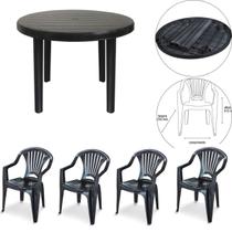 4 Cadeira Poltrona 1 Mesa Redonda Para Área De Ler Preta