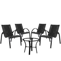 4 Cadeiras com Mesa de Centro em Fibra Sintética Garden em Alumínio Pintado para Área Externa - Preta - Panero Móveis