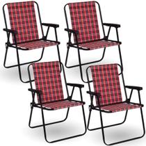 4 Cadeiras de Praia Alta Dobravel Aco Xadrez Vermelha/Preta Mor