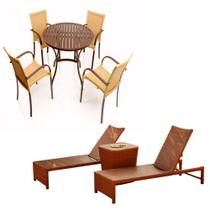 4 Cadeiras e Mesa Ascoli com 2 Espreguiçadeiras Grécia e Mesa em Alumínio - Piscina, Edícula, Jardim