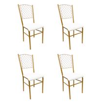 4 Cadeiras para Cozinha reforçada cor Dourado Fosco assento branco encosto de grade
