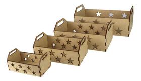 4 Caixas Feitas De Madeira Natural Caixote Estilo Cesto Tipo Feira Decoração Kit Conjunto Estrelas