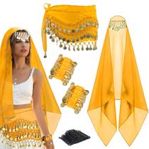 4 conjuntos de roupas de dança do ventre, cachecol de chiffon para dança do ventre com moedas, lenço de cabeça cigana com moedas, pulseira de 2 moedas, 50 pinos, acessório de fantasia de Rave de Halloween para mulheres e meninas (amarelo)