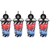 4 Copos Carros Relâmpago Mcqueen 500ml Estampado Tampa Canudo Decoração Roda 4 Copos Carros Relâmpago Mcqueen 500ml Estampado Tampa Canudo Decoração Roda