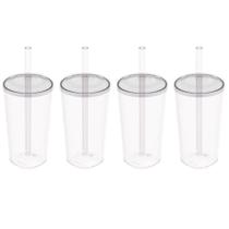 4 Copos com Tampa e Canudo 500ml Crippa Transparente Plástico Água Suco Bebidas