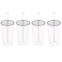 4 Copos com Tampa e Canudo 500ml Crippa Transparente Plástico Água Suco Bebidas
