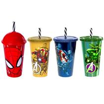 4 Copos Plasútil Shake com Canudo Infantil de Super Heróis de Suco Refri Livre BPA
