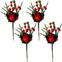 4 Enfeite De Natal Decoração Haste Azevinho Galho Vermelho - Bela Flor
