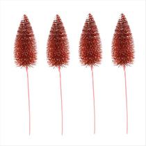 4 Enfeites Pick Galho com Glitter Nevada Vermelho 46cm
