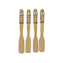 4 Espátulas em Bambu Cabo Bordado Dourado e Perolas