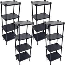 4 Estantes de Plástico Modular Multiuso 4 Prateleiras 1 Torre Preta Montável 52 Kg Qualyplas
