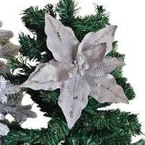 4 Flores de natal em tecido poinsetia prata brilho 25cm 4 Flores de natal em tecido poinsetia prata brilho 25cm