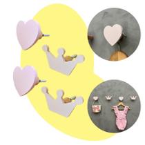 4 Ganchos parede infantil menina coração coroa princesa rosa 4 Ganchos parede infantil menina coração coroa princesa rosa