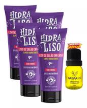 4 Hidraliso Progressiva de Chuveiro Liso de Salão em Casa + Oil Argan Hidraliso