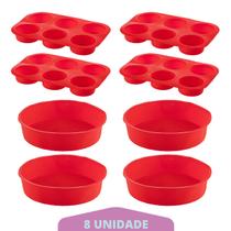 4 Kit Forma Cupcake + Forma Redonda Sortida Pudim Silicone