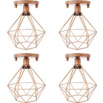 4 Lustres Teto Plafon Industrial Aramado Diamante Retrô Luminária Sobrepor Vintage Cobre Rose Gold