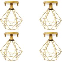4 Lustres Teto Plafon Industrial Aramado Diamante Retrô Luminária Sobrepor Vintage Dourado