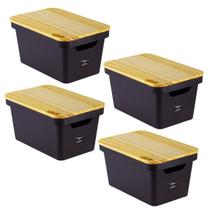 4 Organizador Collection Preto Com Tampa De Madeira 10L