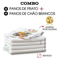 4 Panos de Chão Brancos Alvejados Duplo Costurado + 4 Panos de Prato Branco Pé de Galinha