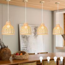 4 Pendente Bambu De Fibra Natural Palha Mesa Nat52 + Led