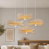 4 Pendente Boho Fibra Natural Bambu Lanchonete Nat64 + Led