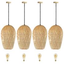 4 Pendente De Bambu Fibra Natural Corredor Nat63 + Led