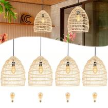 4 Pendente Fibra Natural Rattan Vime Mesa Cesto Fib02 + Led
