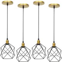 4 Pendentes Aramado Cálice Preto Luminária Lustre Industrial Teto Vintage Dourado Agp Ilumini