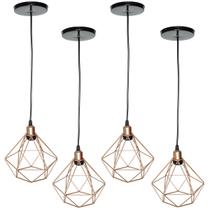 4 Pendentes Aramado Diamante Cabo 2 Mt Luminária Lustre Luxo Industrial Teto Retrô Agp Ilumini