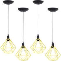 4 Pendentes Aramado Diamante Luminária Lustre P Teto Retrô Vintage Industrial Balcão Amarelo