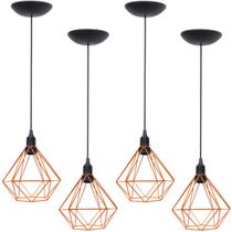 4 Pendentes Aramado Diamante Luminária Lustre P Teto Retrô Vintage Industrial Balcão Laranja